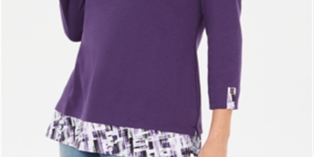 Blusa feminina Karen Scott com estampa em camadas, lisa e xadrez, roxa, tamanho G