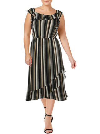 Vestido longo listrado plus size Monteau feminino, com babados, comprimento alto e baixo, verde, tamanho 2X