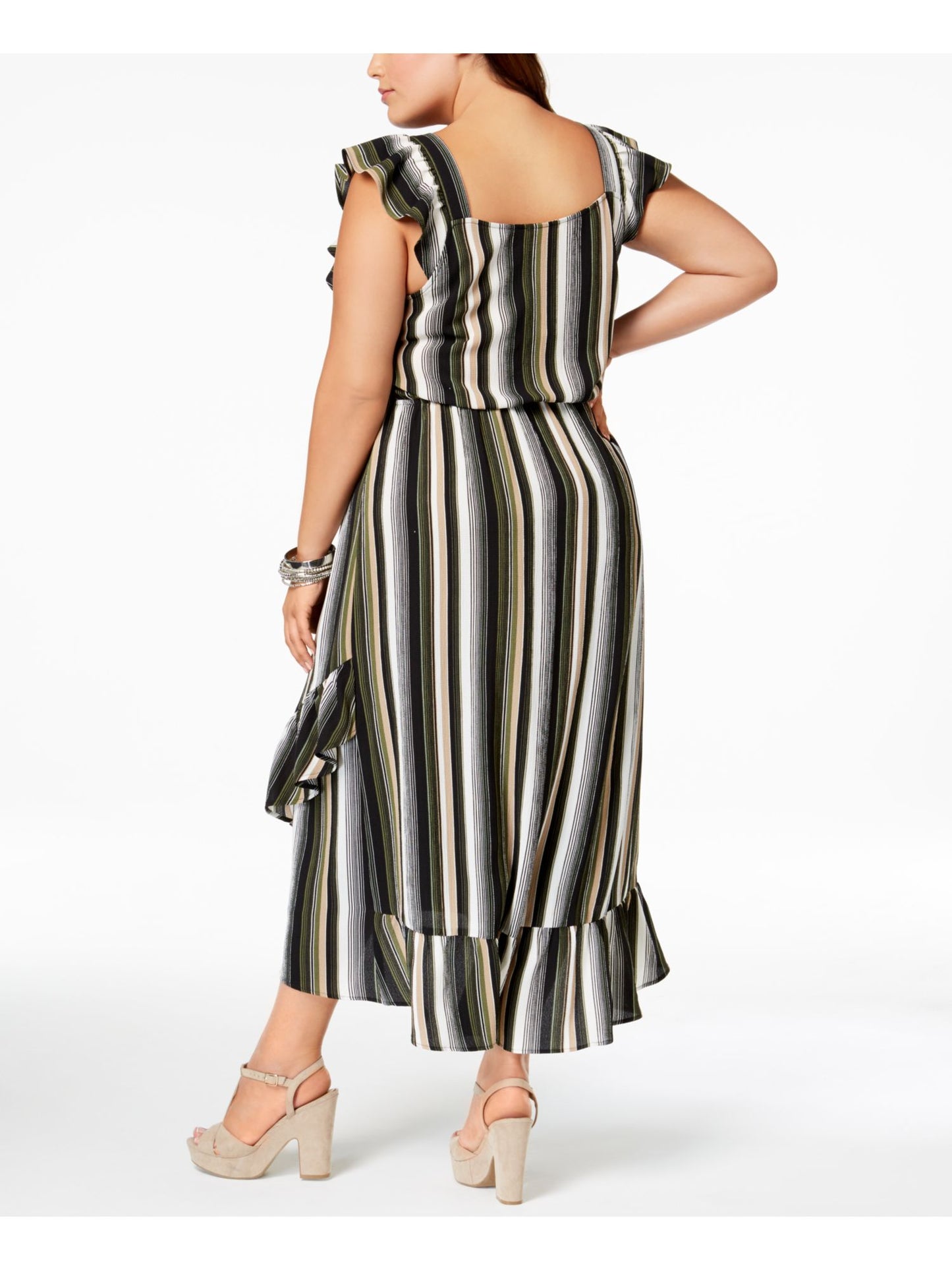 Vestido longo listrado plus size Monteau feminino, com babados, comprimento alto e baixo, verde, tamanho 2X