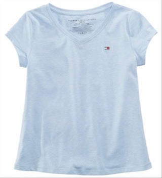 Camiseta Tommy Hilfiger Big Girl de algodão com gola V, azul, tamanho P
