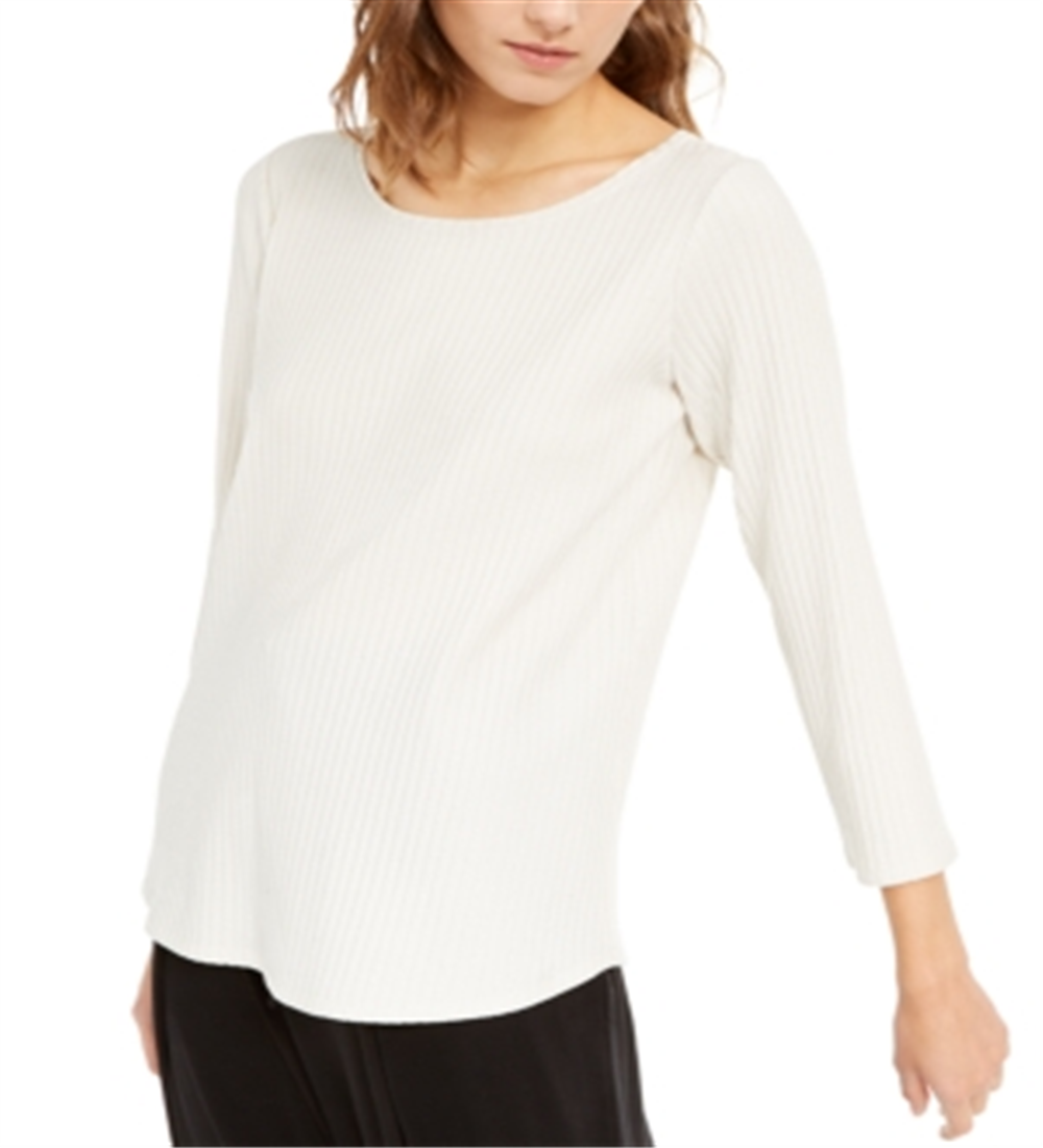 Blusa feminina Eileen Fisher de manga comprida e decote redondo, branca, tamanho M