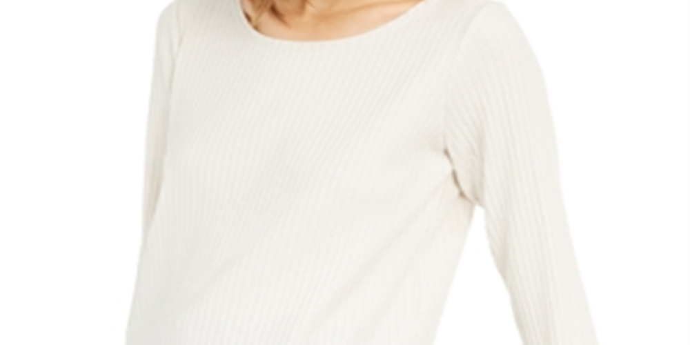 Blusa feminina Eileen Fisher de manga comprida e decote redondo, branca, tamanho M