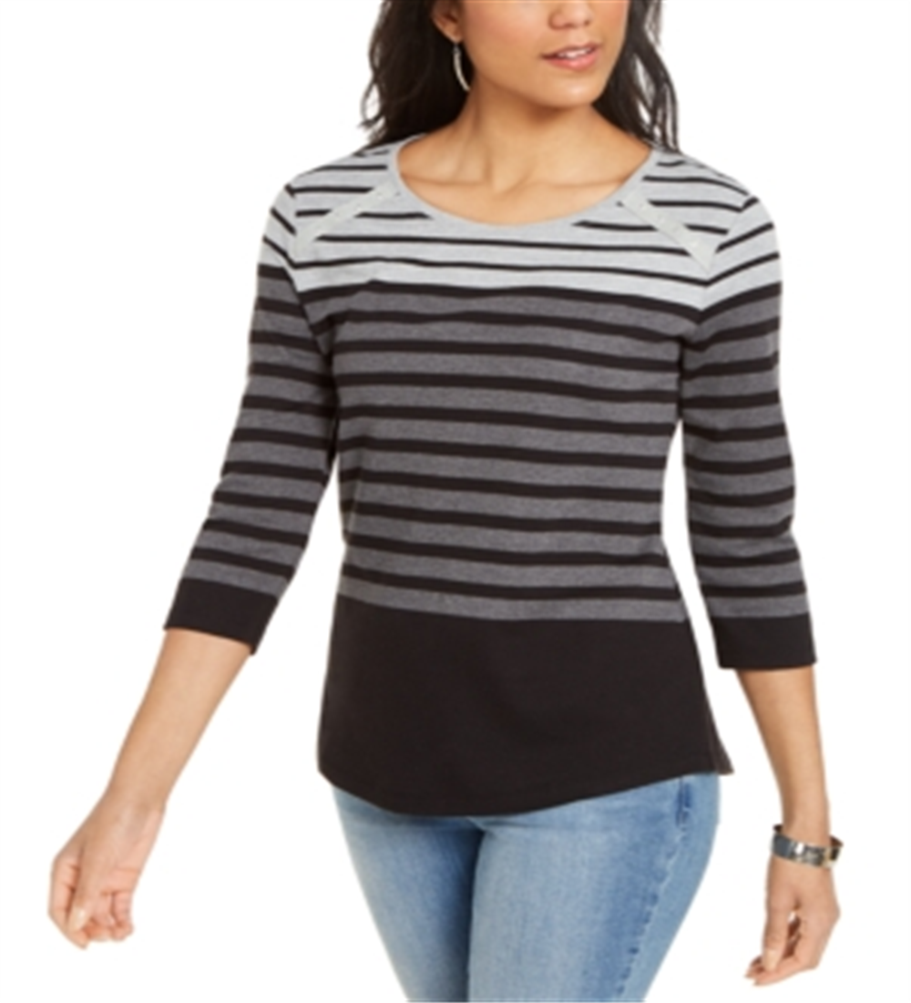 Karen Scott Blusa Feminina Listrada Colorblock com Acabamento em Rebites Cinza Tamanho X-S