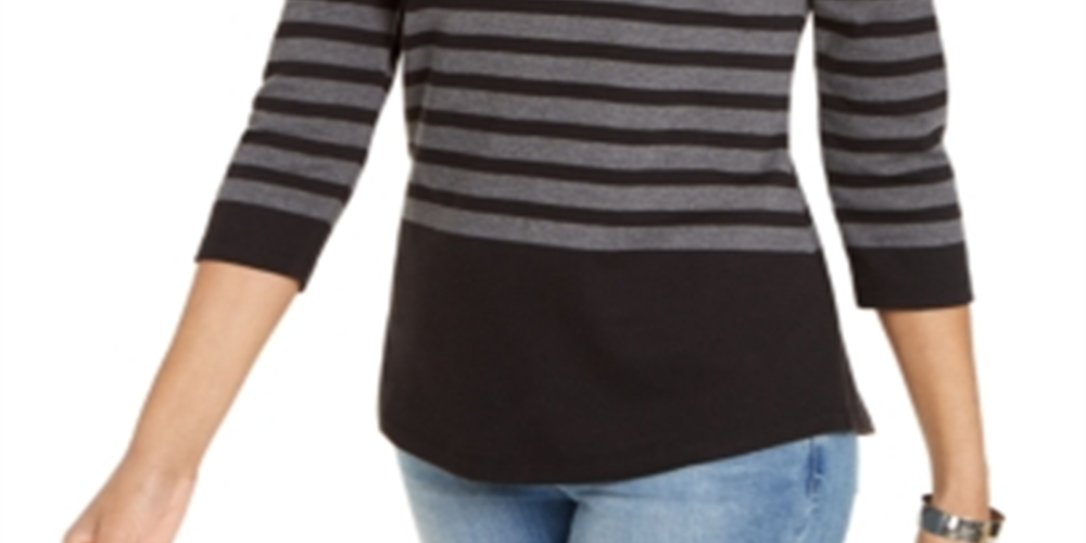 Karen Scott Blusa Feminina Listrada Colorblock com Acabamento em Rebites Cinza Tamanho X-S
