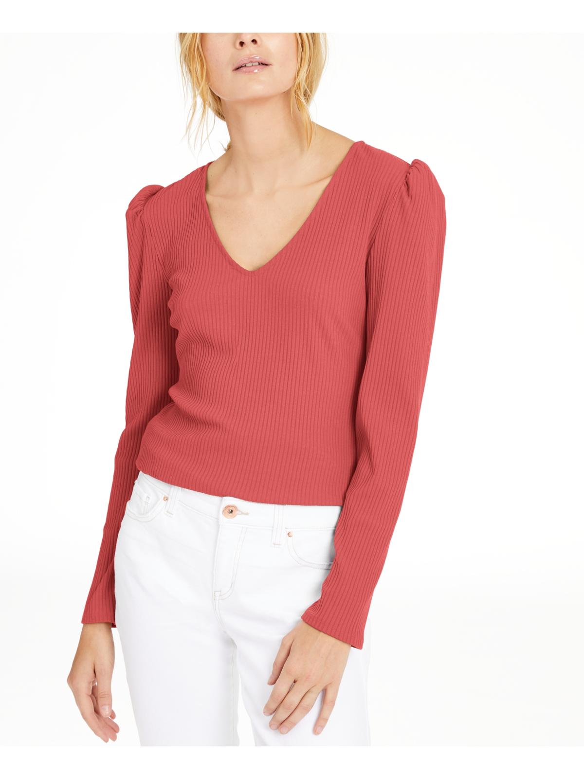 Blusa feminina INC de manga comprida com decote em V, coral, tamanho médio