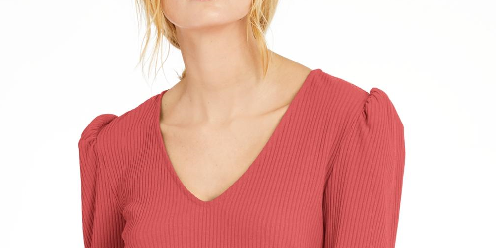 Blusa feminina INC de manga comprida com decote em V, coral, tamanho médio