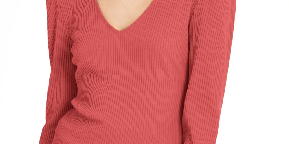 Blusa feminina INC de manga comprida com decote em V, coral, tamanho médio