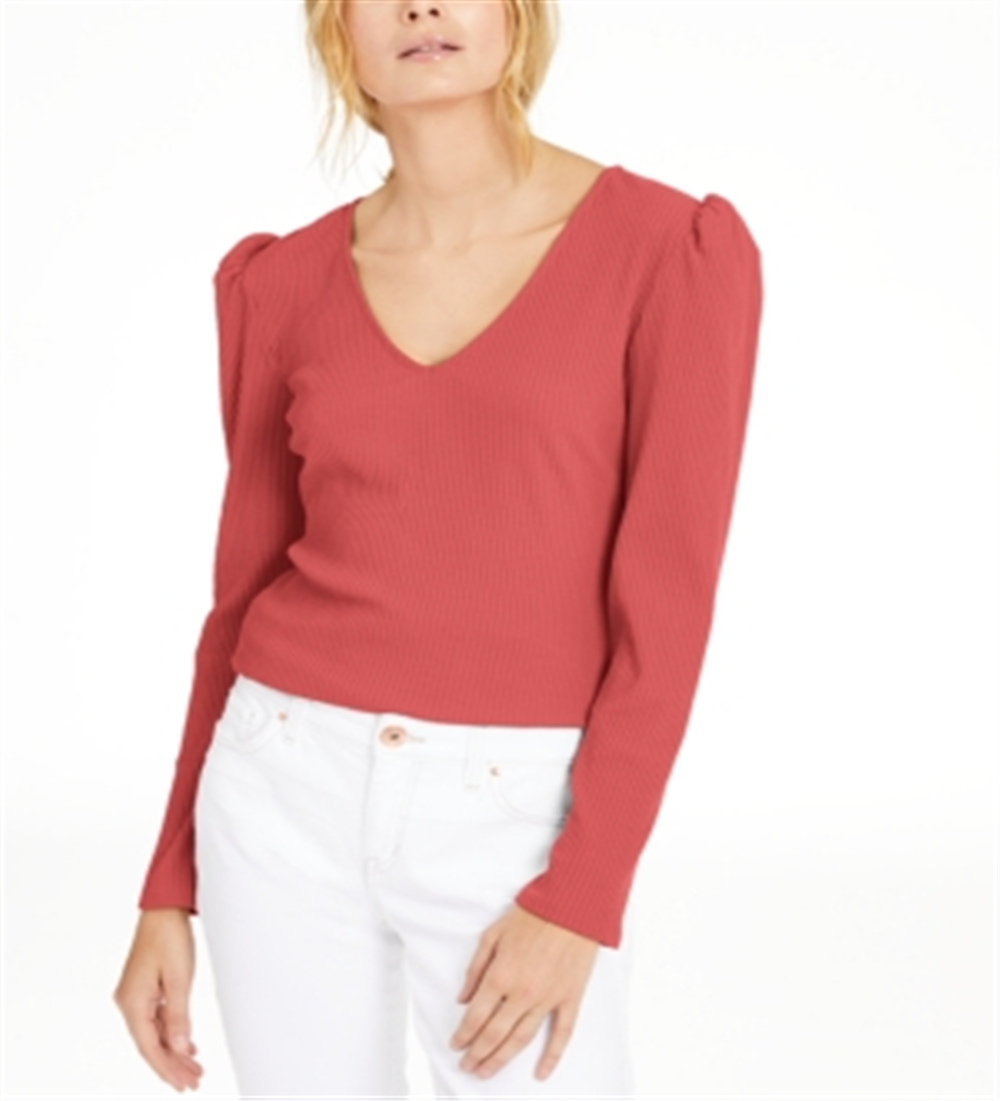 Blusa feminina INC de manga comprida com decote em V, coral, tamanho médio