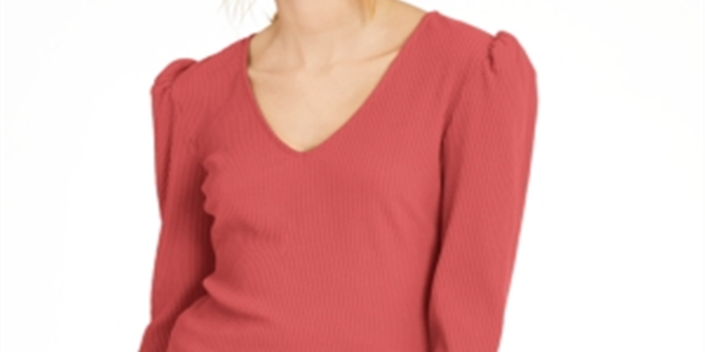 Blusa feminina INC de manga comprida com decote em V, coral, tamanho médio