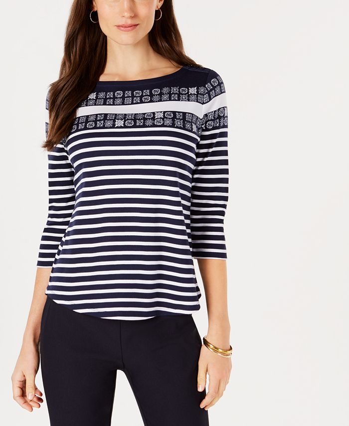 Blusa feminina de algodão estampada com manga 3/4 Charter Club, azul, tamanho M