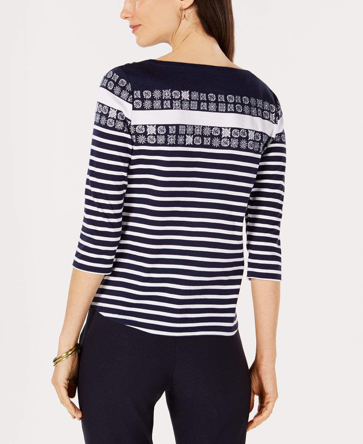 Blusa feminina de algodão estampada com manga 3/4 Charter Club, azul, tamanho M