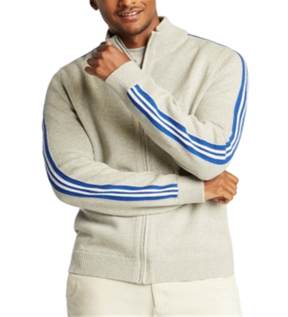 Cardigan masculino Nautica Intarsia com manga listrada, cinza, tamanho médio