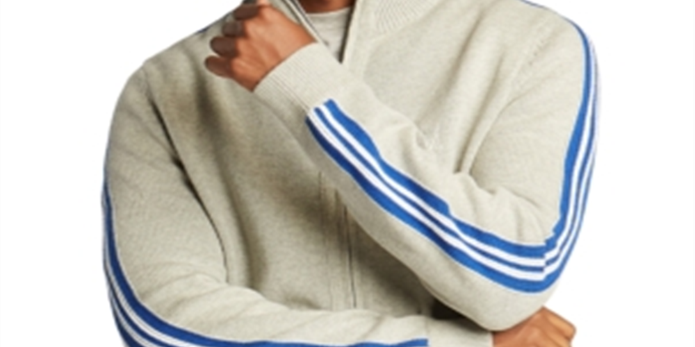 Cardigan masculino Nautica Intarsia com manga listrada, cinza, tamanho médio