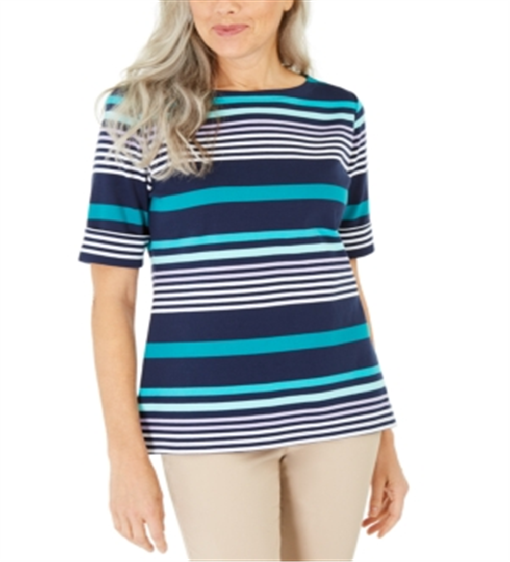 Blusa feminina listrada com decote canoa Karen Scott, azul, tamanho pequeno