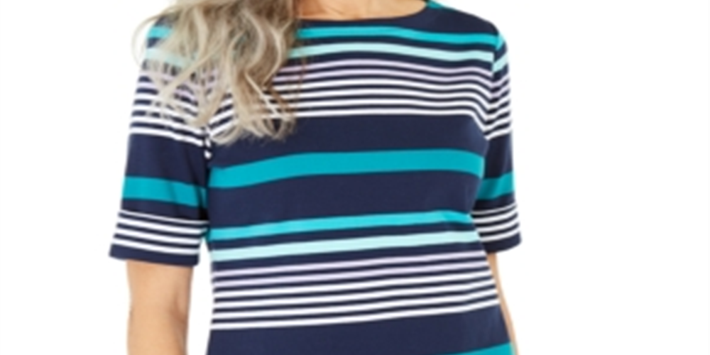 Blusa feminina listrada com decote canoa Karen Scott, azul, tamanho pequeno