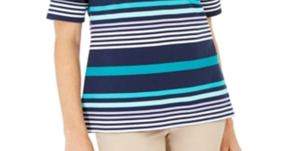 Blusa feminina listrada com decote canoa Karen Scott, azul, tamanho pequeno