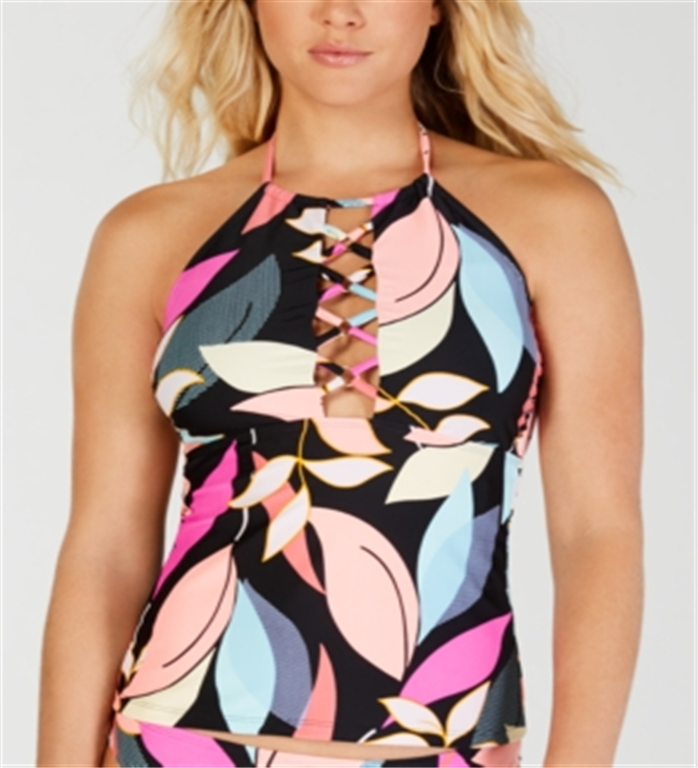 Top tankini feminino Hula Honey Jungle Boogie com gola alta e alças finas, preto, tamanho médio