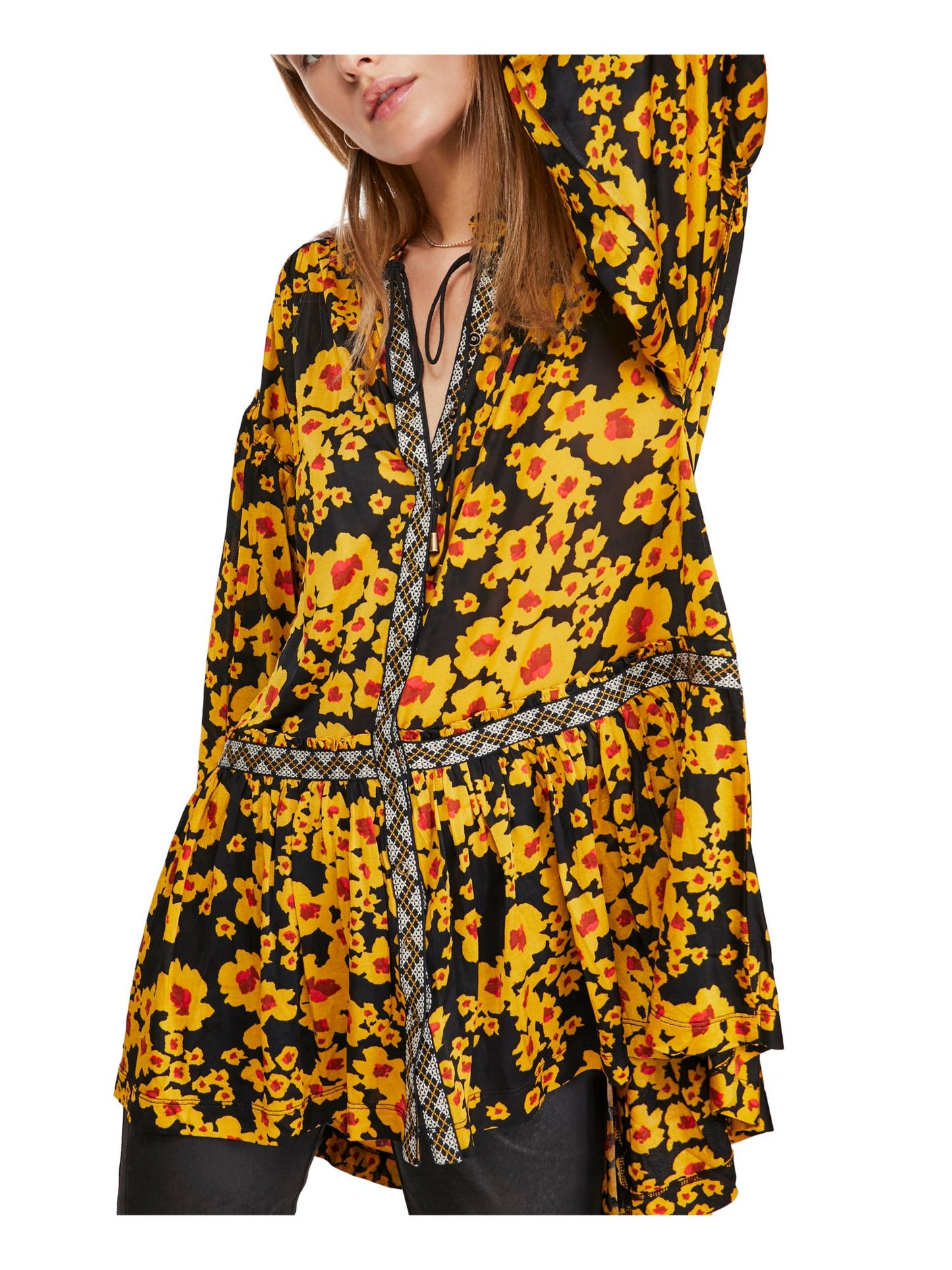 Blusa feminina com manga sino floral Free People, tamanho X-S