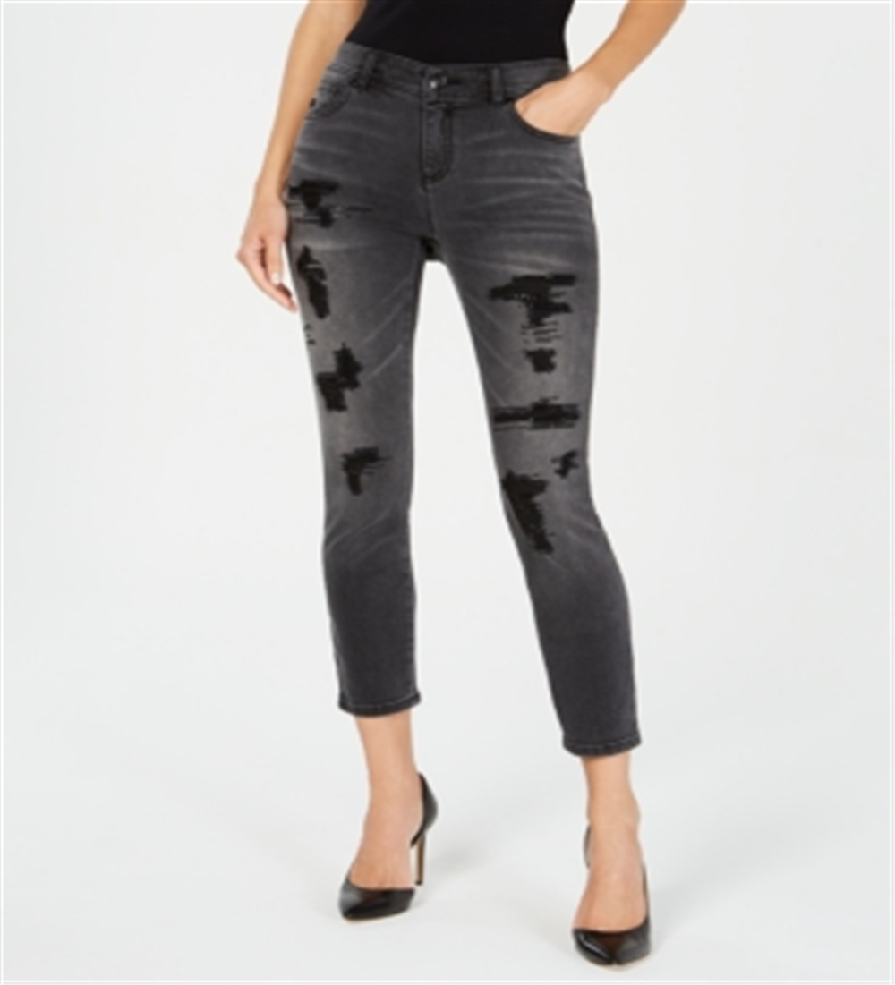 Calça jeans skinny rasgada e enfeitada feminina da INC International Concepts, preta, tamanho 16