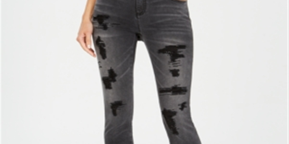 Calça jeans skinny rasgada e enfeitada feminina da INC International Concepts, preta, tamanho 16