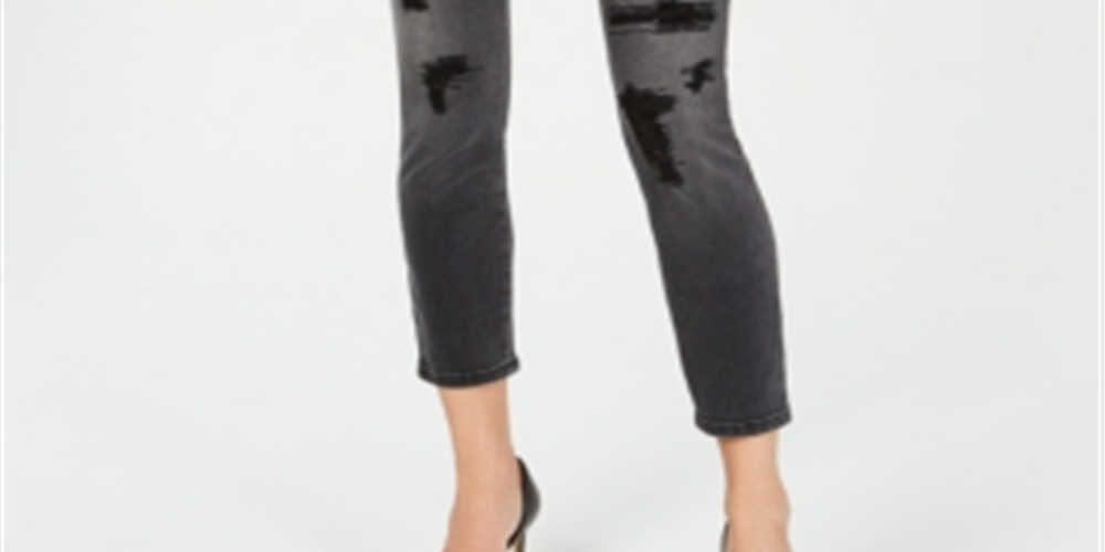 Calça jeans skinny rasgada e enfeitada feminina da INC International Concepts, preta, tamanho 16