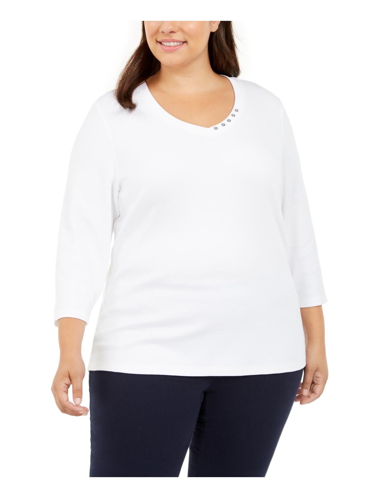 Karen Scott Top Feminino Plus Grommet Gola V Branco Tamanho 3XL