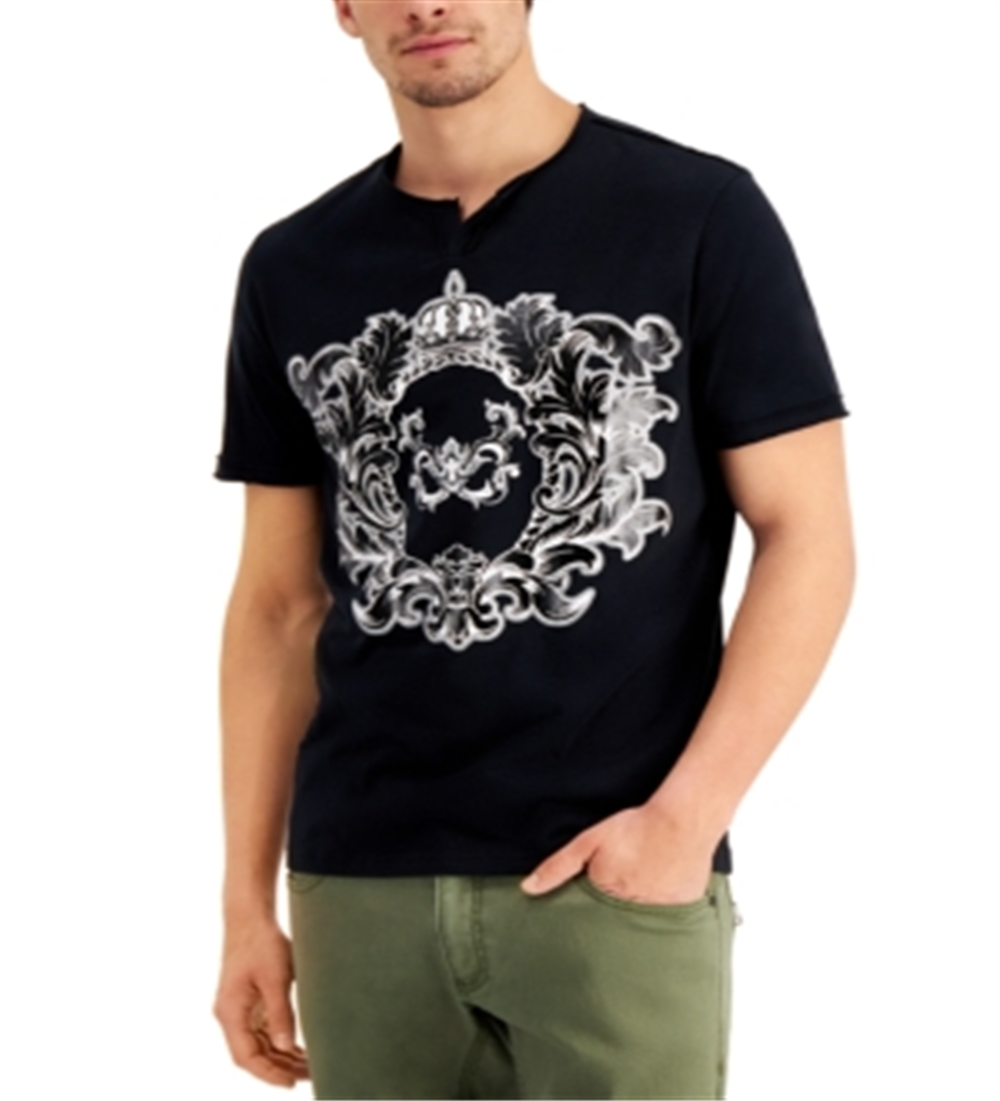 Camiseta masculina com estampa metálica e gola dividida da INC International Concepts, preta, tamanho M