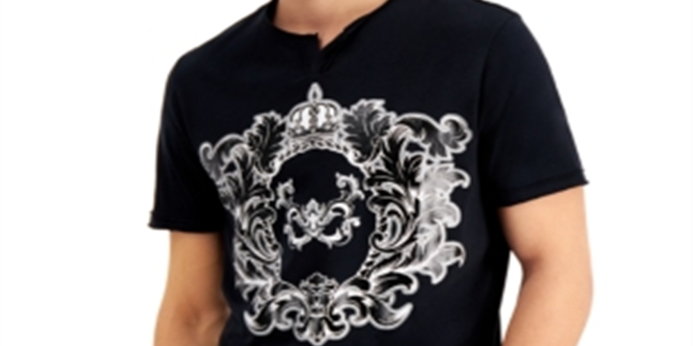 Camiseta masculina com estampa metálica e gola dividida da INC International Concepts, preta, tamanho M