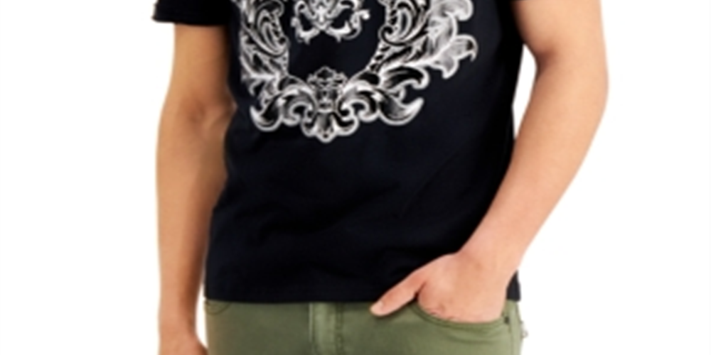Camiseta masculina com estampa metálica e gola dividida da INC International Concepts, preta, tamanho M