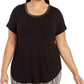 Camiseta feminina Alfani Plus com acabamento em lurex e manga curta, preta, tamanho 1X