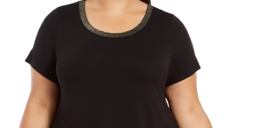 Camiseta feminina Alfani Plus com acabamento em lurex e manga curta, preta, tamanho 1X