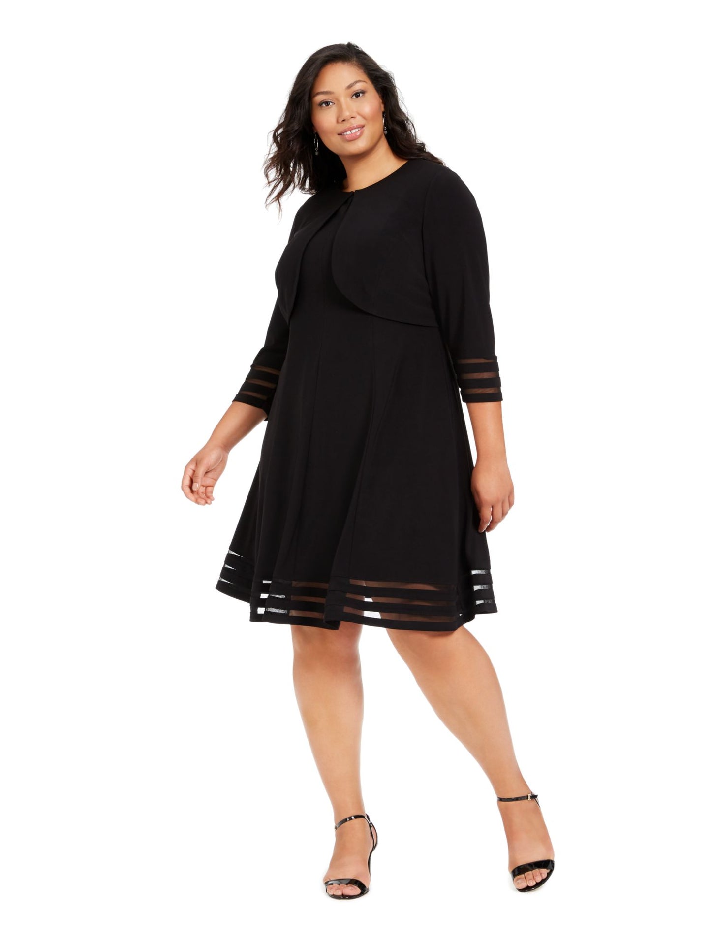 Vestido feminino Jessica Howard com manga 3/4 e comprimento até o joelho, preto, tamanho 14W