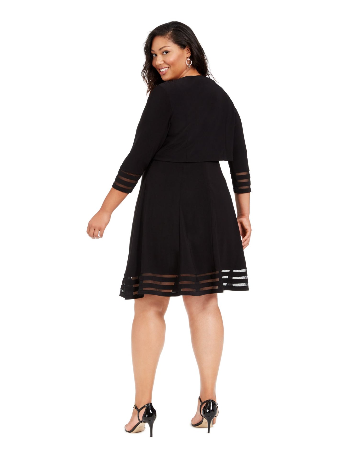 Vestido feminino Jessica Howard com manga 3/4 e comprimento até o joelho, preto, tamanho 14W