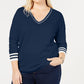 Suéter feminino Tommy Hilfiger de algodão com decote em V, azul, tamanho 2X