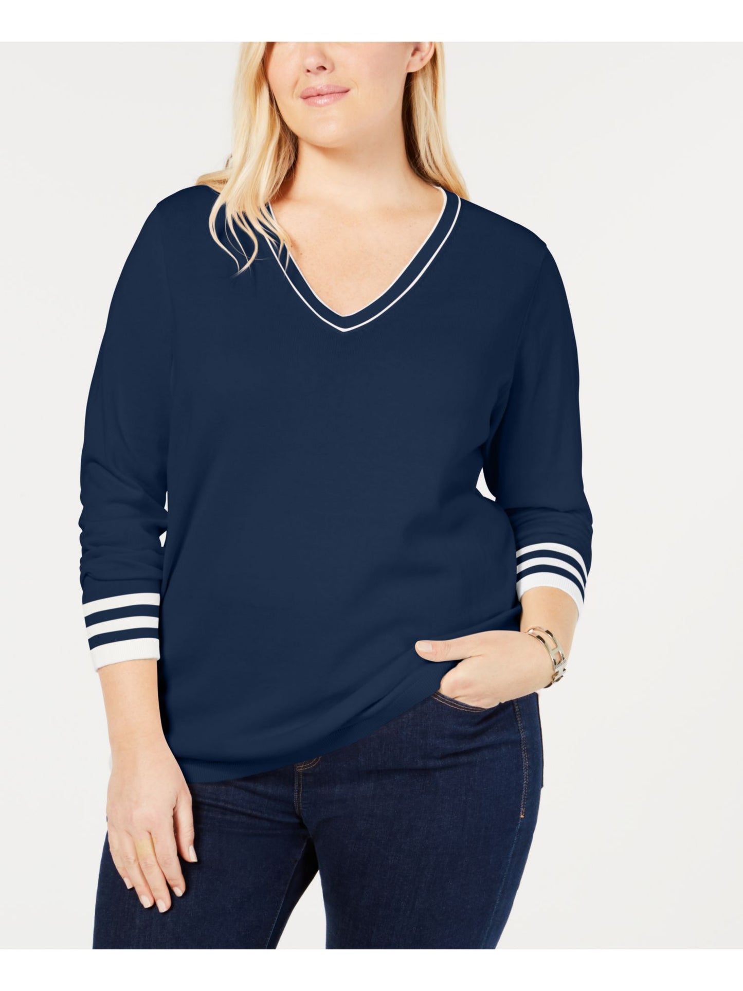 Suéter feminino Tommy Hilfiger de algodão com decote em V, azul, tamanho 2X
