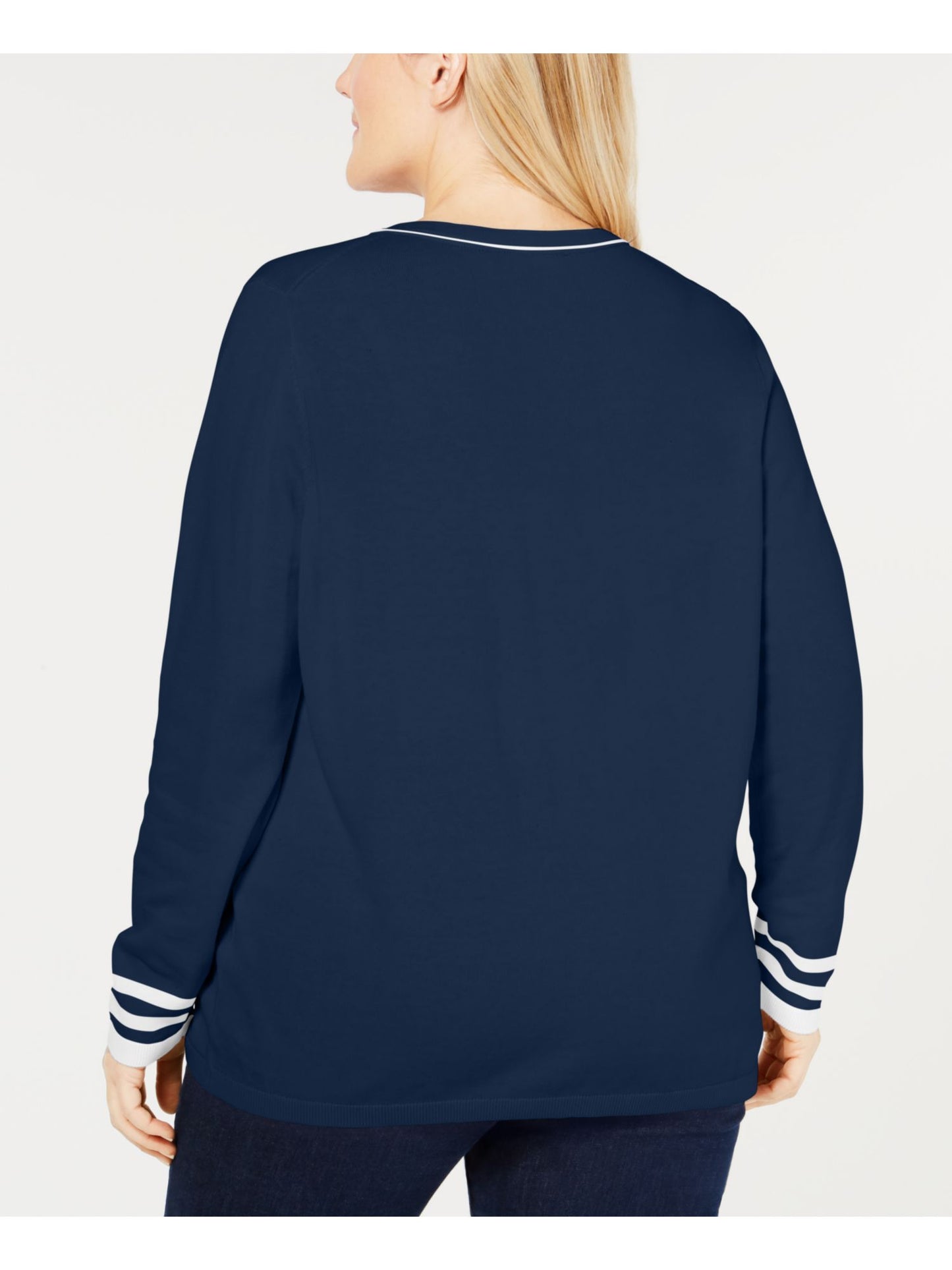 Suéter feminino Tommy Hilfiger de algodão com decote em V, azul, tamanho 2X