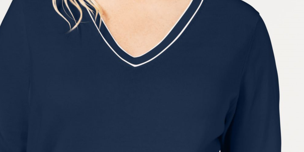 Suéter feminino Tommy Hilfiger de algodão com decote em V, azul, tamanho 2X