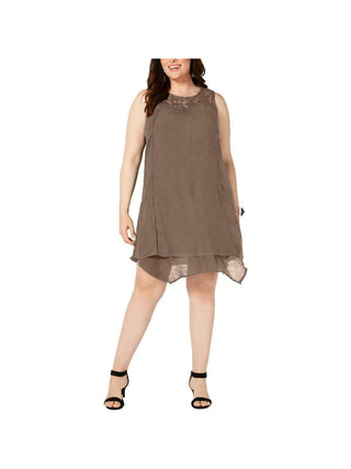 Style & Co Women's Lace Pom Pom Sleeveless Jewel Neck Shift Handkerchief Dress Brown Size Medium