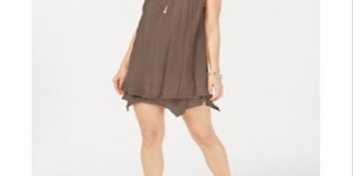 Vestido feminino estilo &amp; co com decote em V e mangas curtas, estilo pompom, marrom, tamanho médio