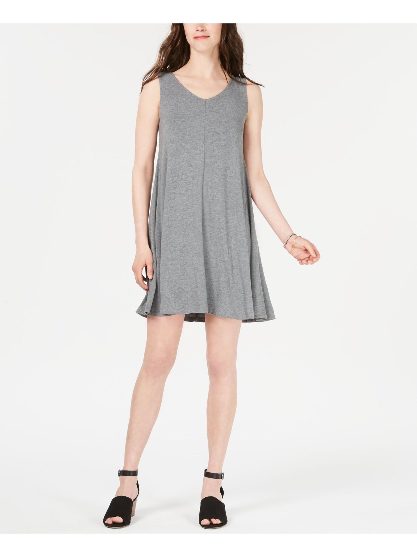 Vestido curto feminino sem mangas com decote em V, cinza, tamanho médio