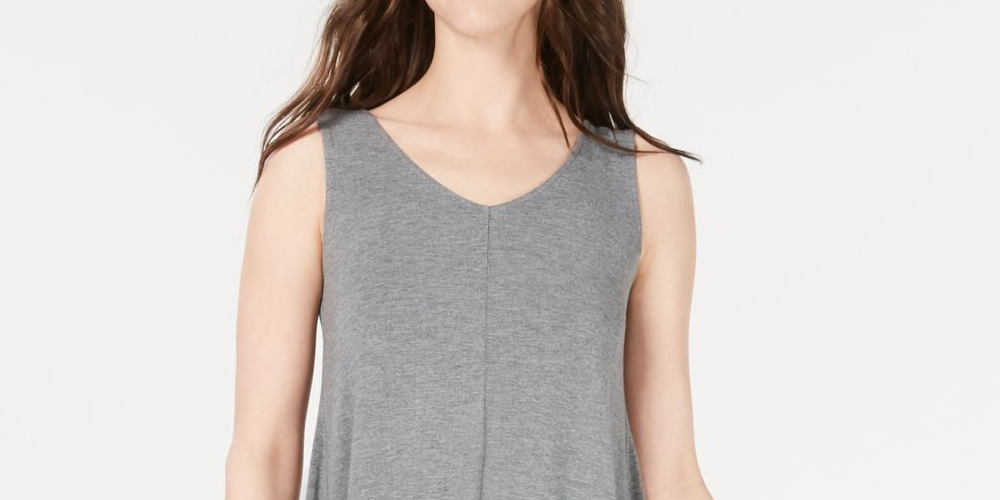 Vestido curto feminino sem mangas com decote em V, cinza, tamanho médio