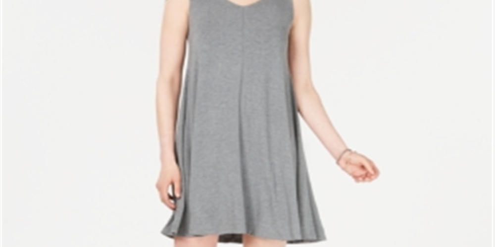 Vestido curto feminino sem mangas com decote em V, cinza, tamanho médio