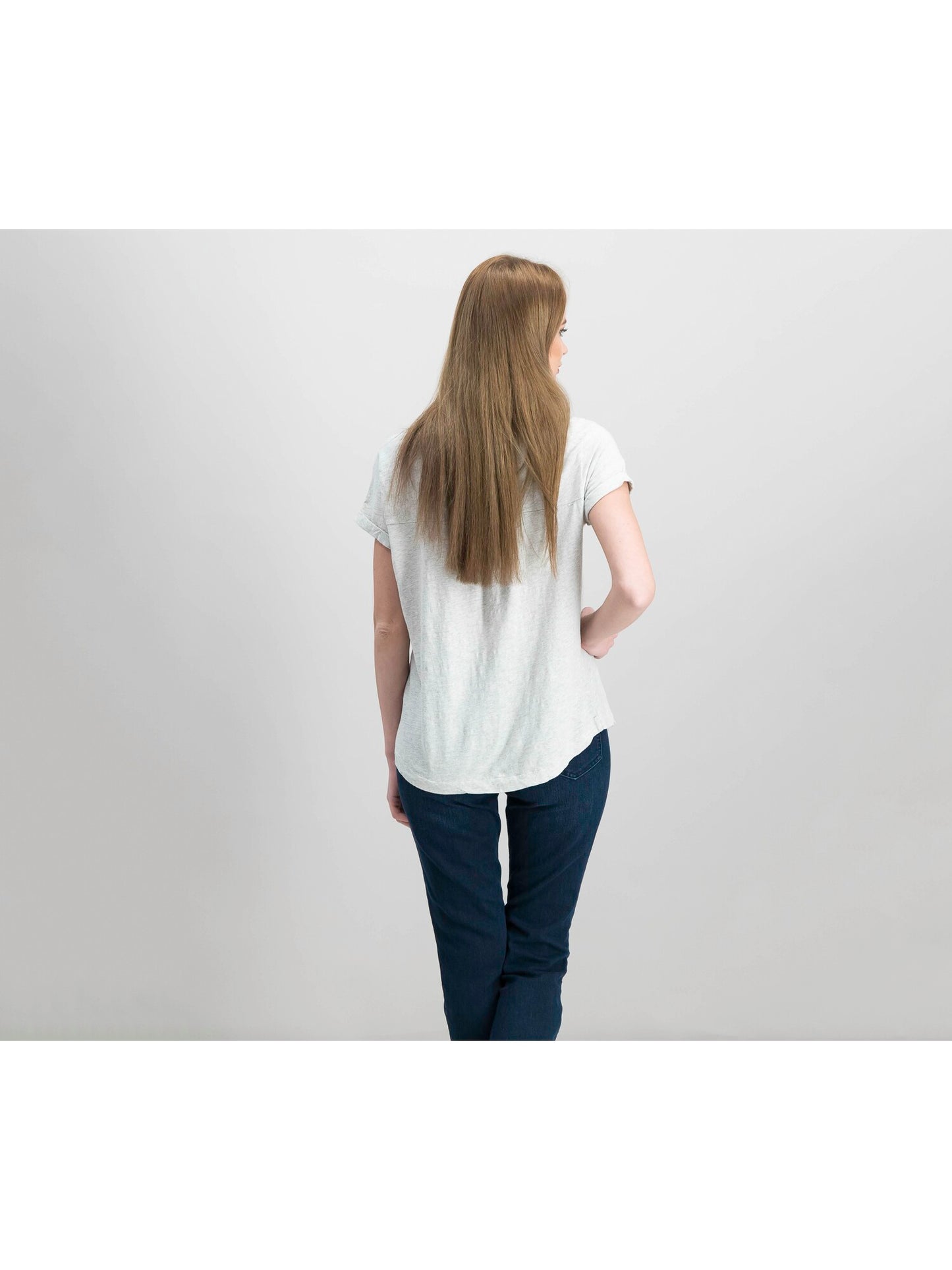 Camiseta feminina estilo &amp; co com bolsos mesclados, manga curta, gola V, cinza, tamanho pequeno grande