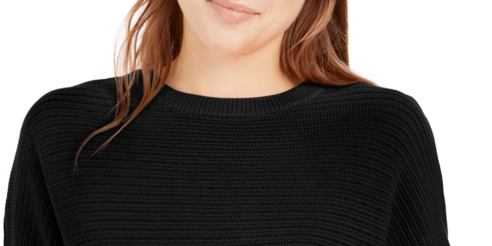 Calvin Klein Suéter Feminino Canelado Manga Longa Gola Joia Preto Tamanho Grande