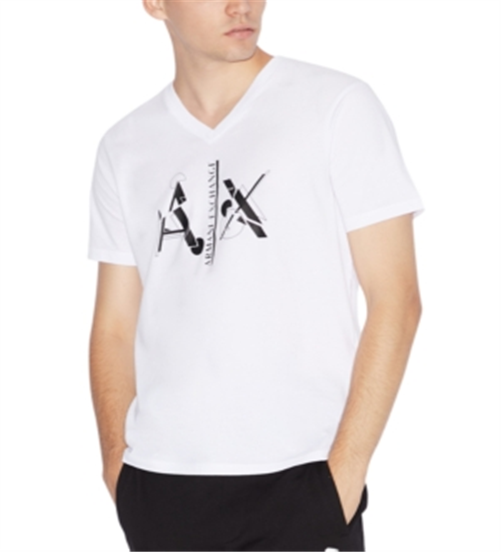 Camiseta masculina AX Armani Exchange com decote em V e logotipo, branca, tamanho P