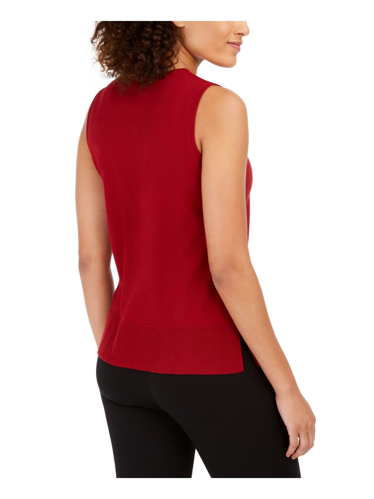 Blusa feminina Anne Klein com fenda e gola redonda, sem mangas, vermelha, tamanho médio