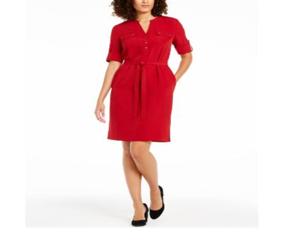 Vestido-camisa feminino Anne Klein com decote dividido e cinto, vermelho, tamanho XXL