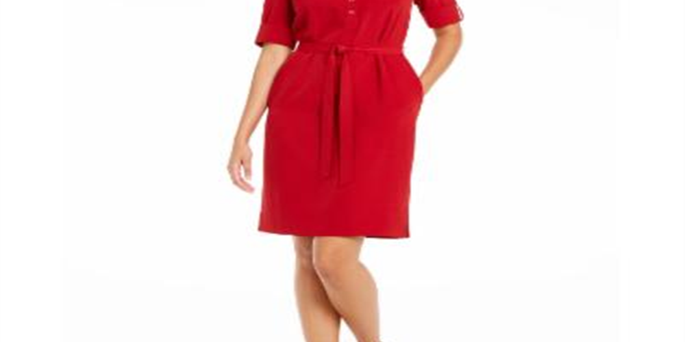 Vestido-camisa feminino Anne Klein com decote dividido e cinto, vermelho, tamanho XXL