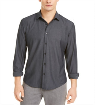 Camisa masculina Alfani com botões, ajuste clássico, malha lisa, cinza, tamanho XX-G