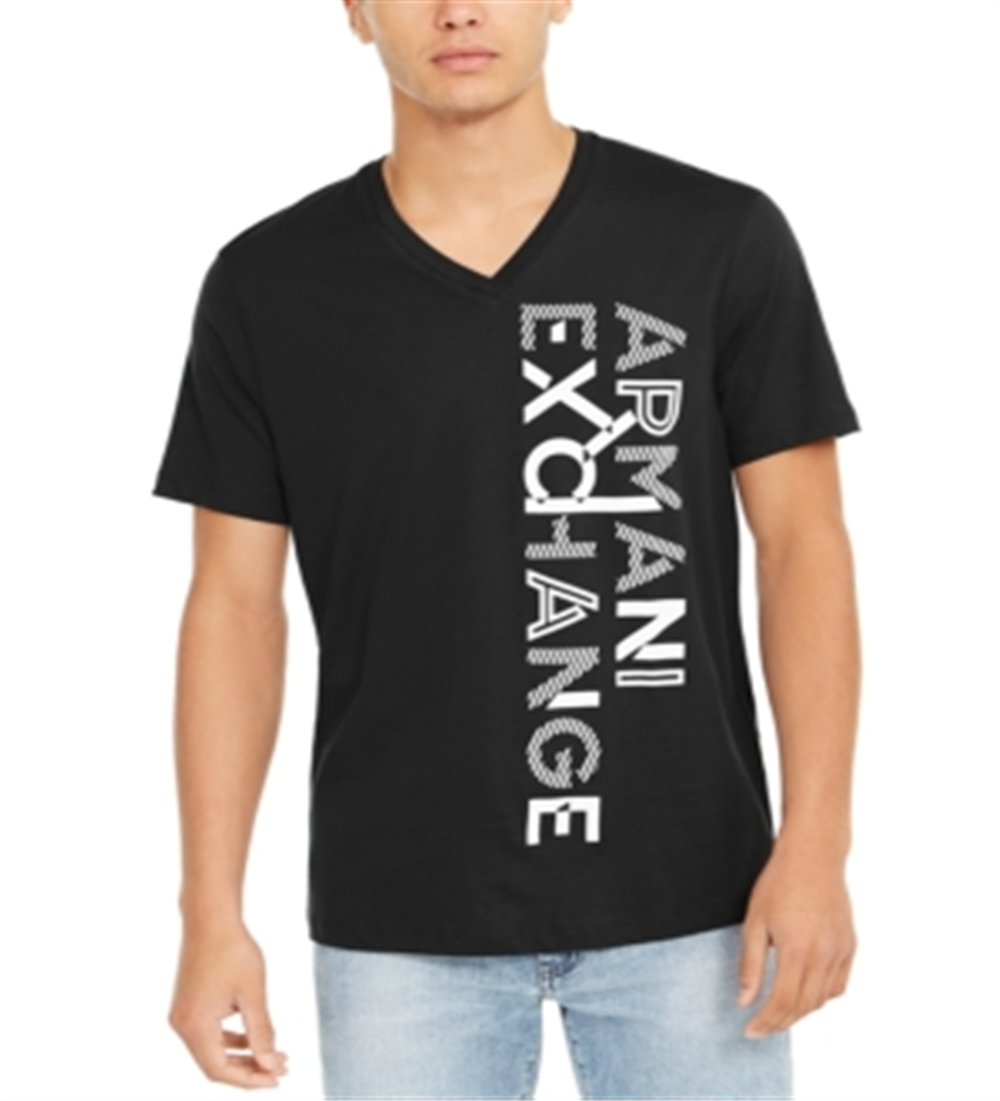 Camiseta masculina AX Armani Exchange com gola V e logotipo, preta, tamanho P